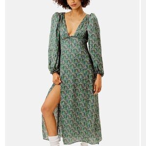 For Love And Lemons Alisa Midi Dress: Green Floral Long Sleeve